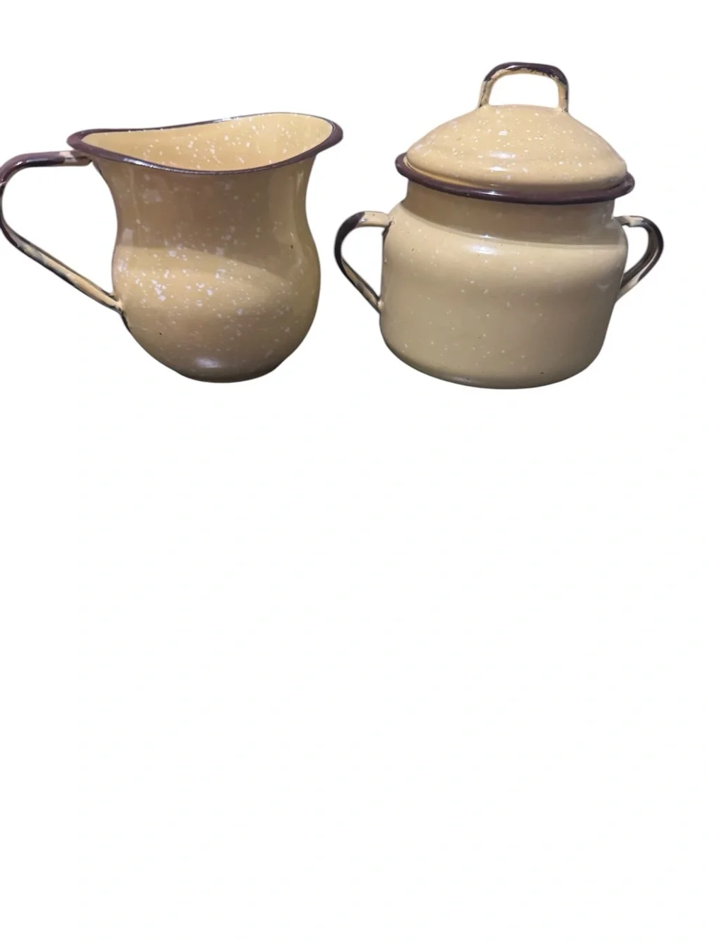 Vintage Beige Speckled Enamelware Creamer & Covered Sugar Bowl Set